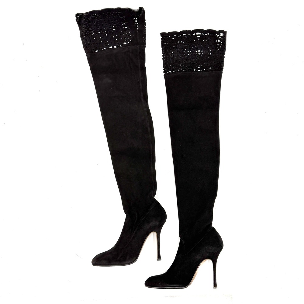 Manolo Blahnik Black Over-the-Knee Lace-Trim Boots - Picture 6 of 13